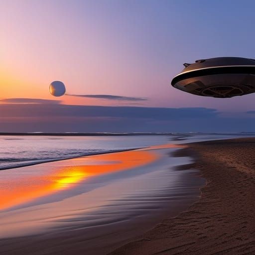 Alien Spacecraft Over Sunset Beach