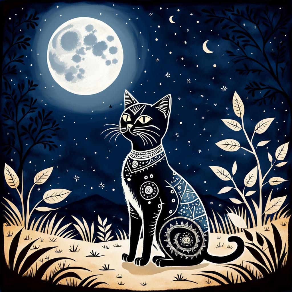 Exotic Cat in Moonlight, Warli Art