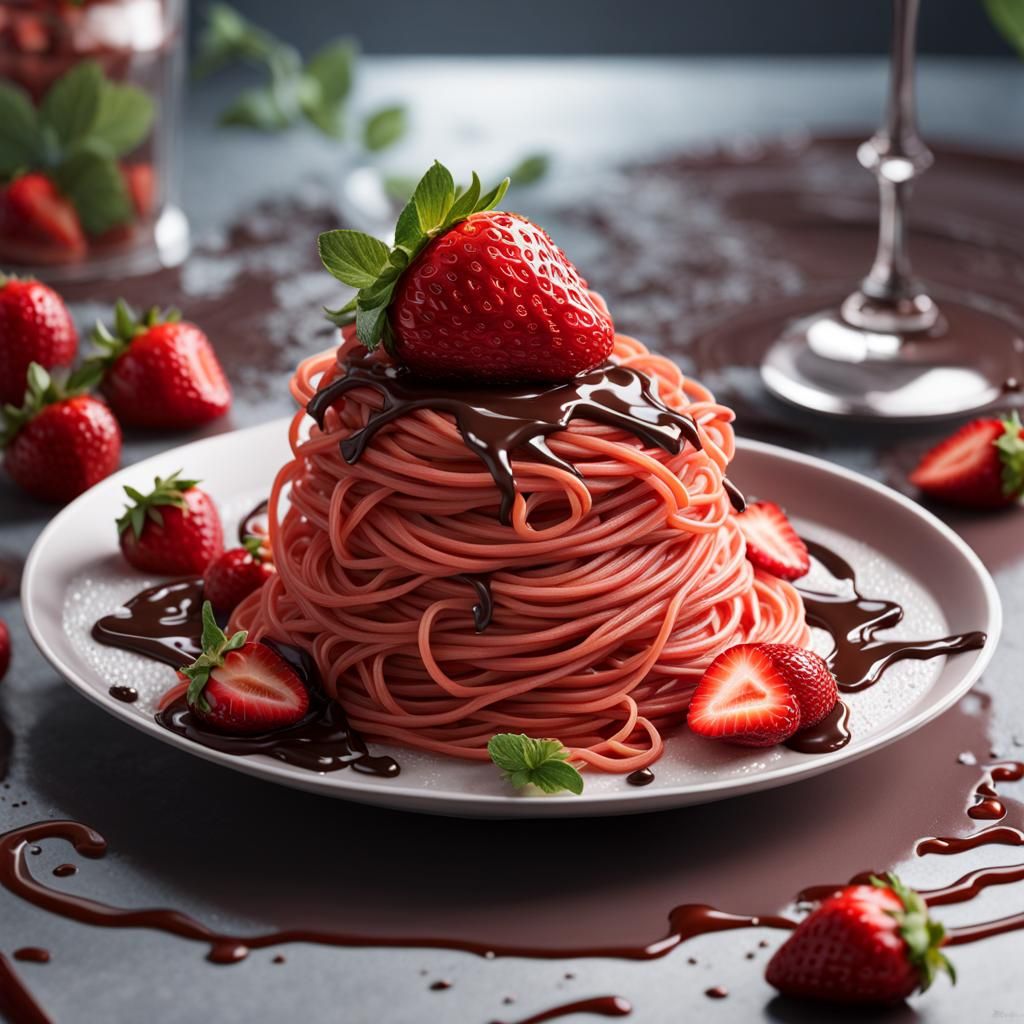 Hyperrealistic Strawberry Pasta with Chocolate Sauce