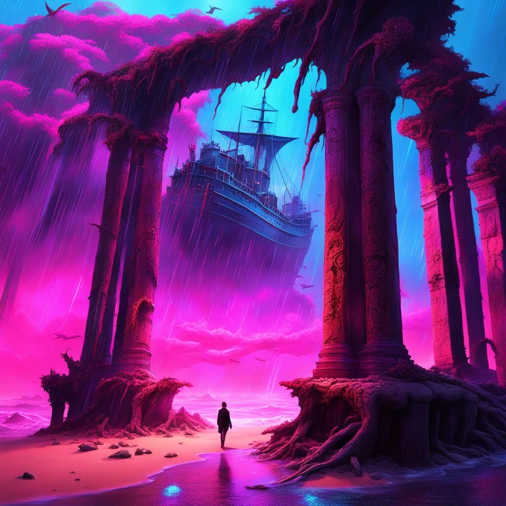 Surreal Neon Seascape with Gothic Elements