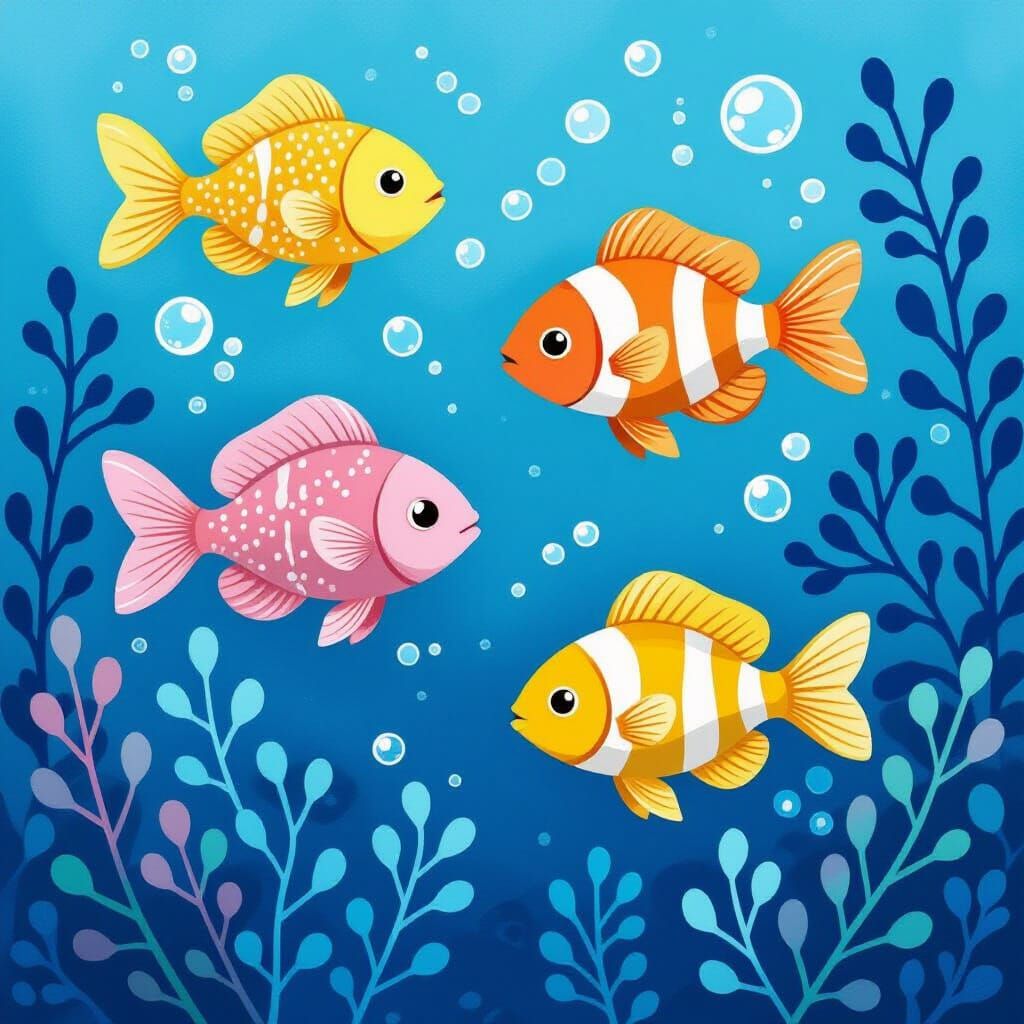 Cute Kawaii Tropical Fish in Watercolor Style