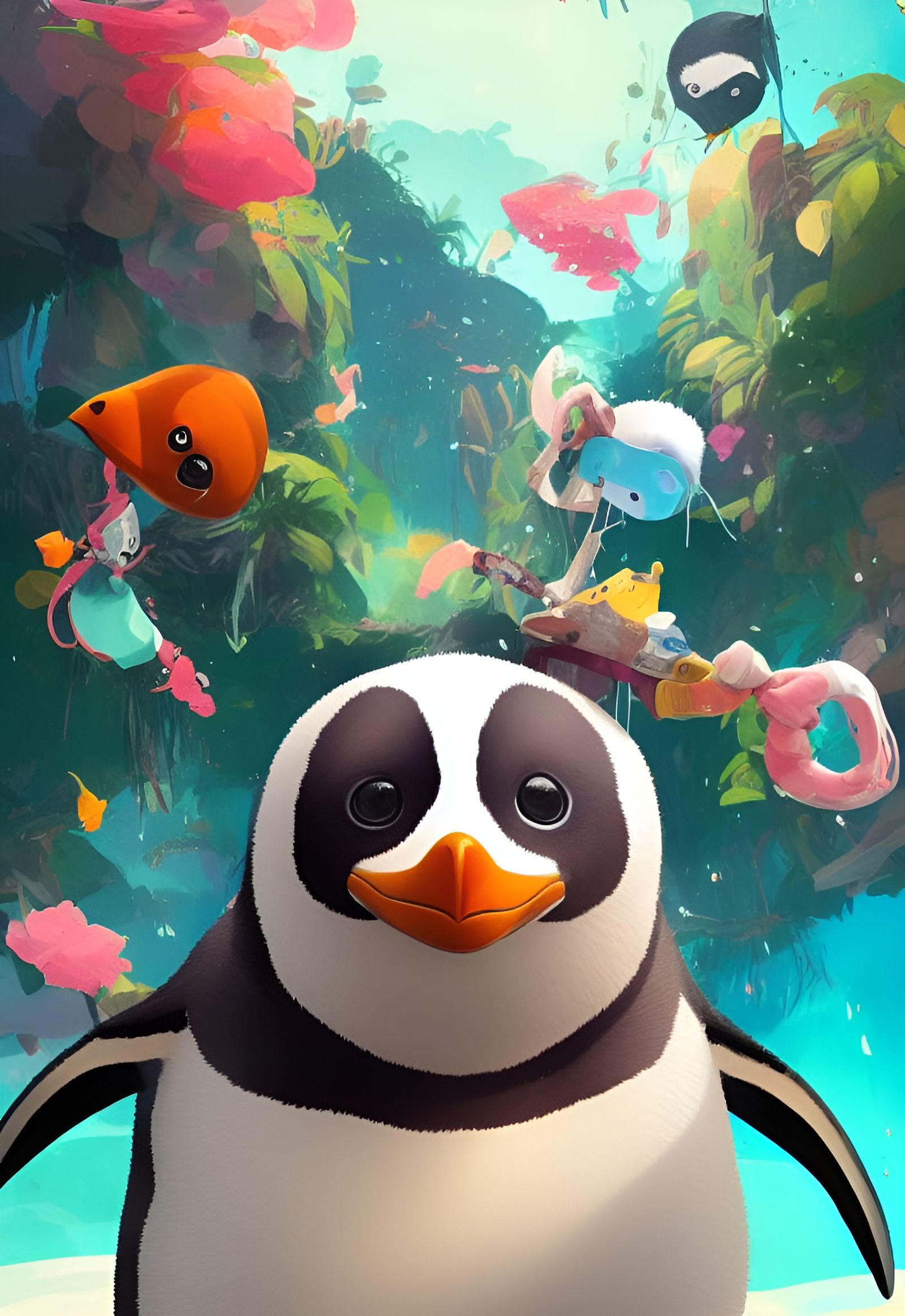 Cute Baby Penguin in Jungle, Digital Art