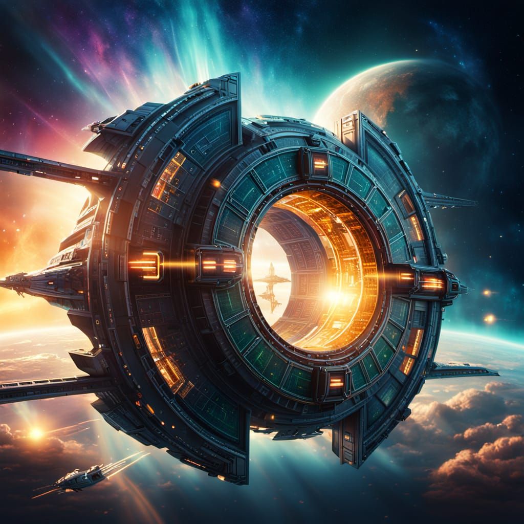 Spaceship Approaching Glowing Gate in Science Fiction Illust...