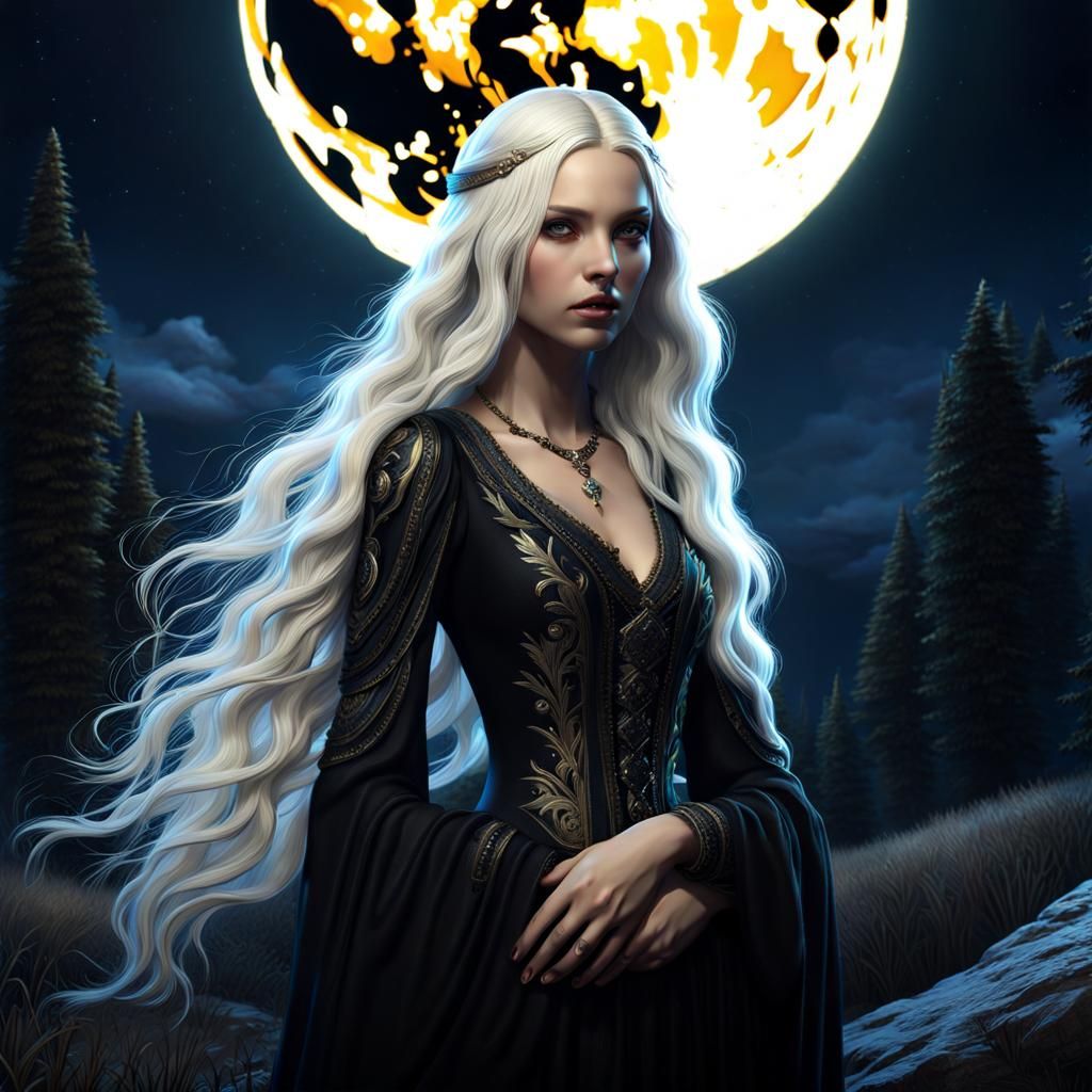 Pale Teenager in Black Dress Under Moonlight