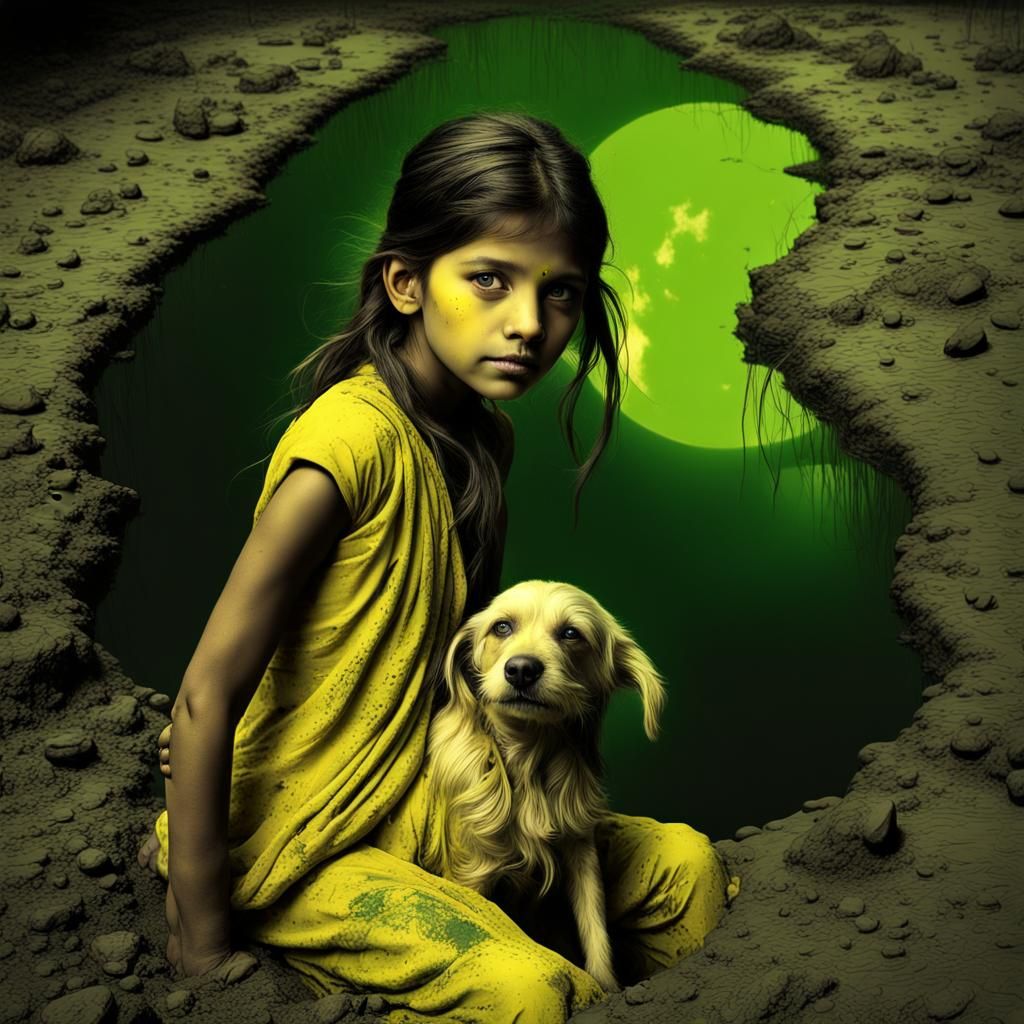 Indian Girl Rescues Dog: Selective Color Matte Painting