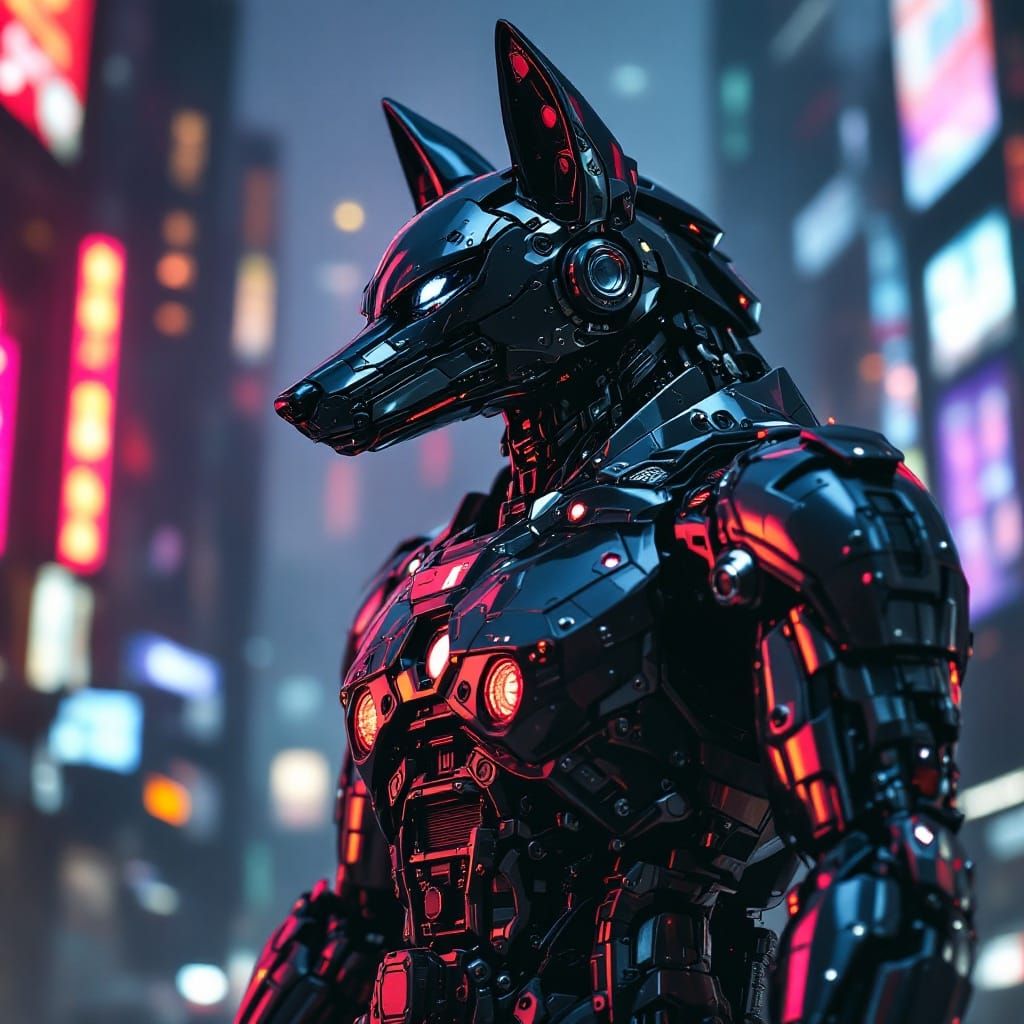 Chrome Wolf Robot Dominates Dystopian Digital Realm
