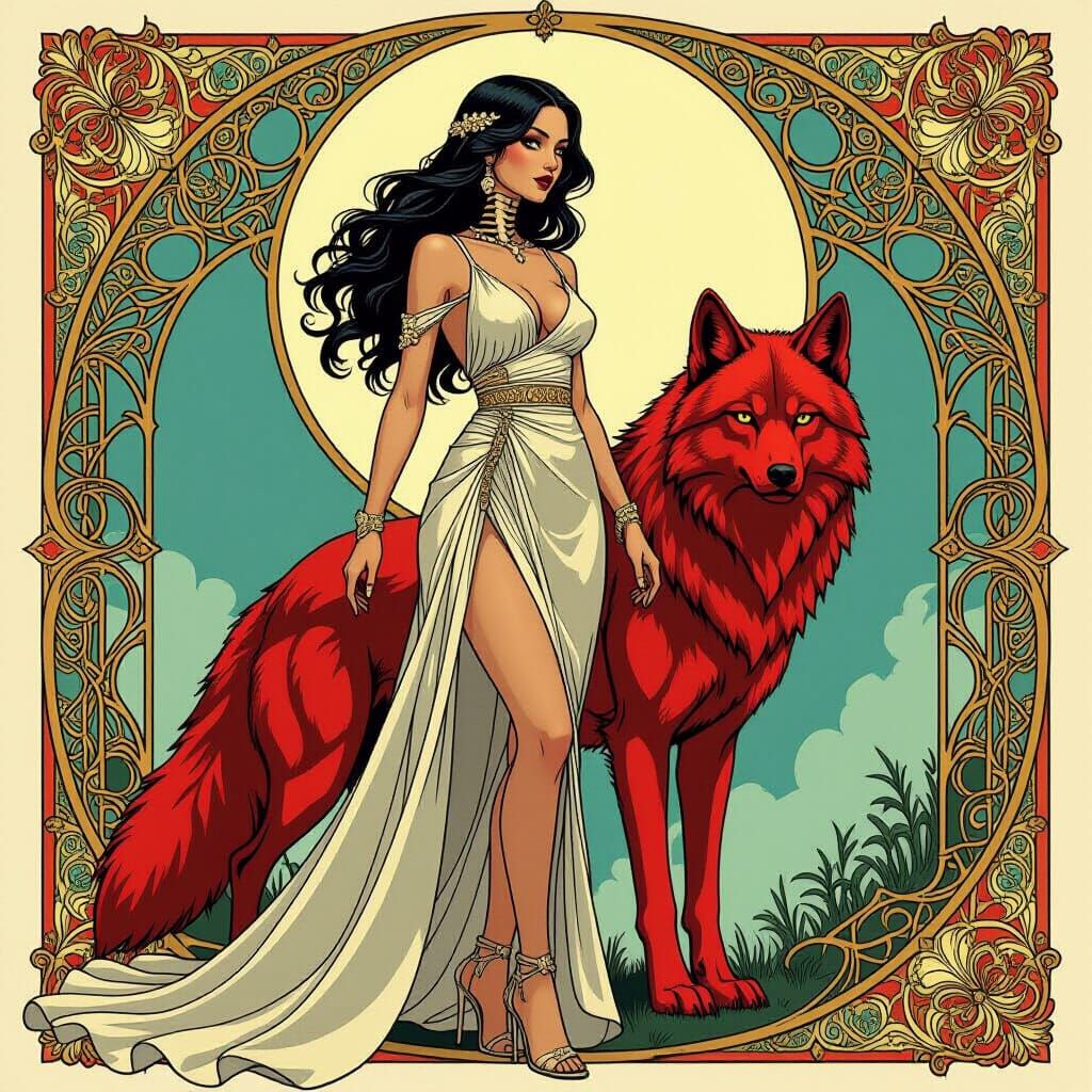 Half-Skeleton Woman with Wolf in Nouveau Style