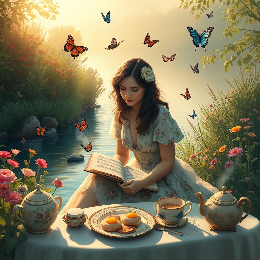 Woman, Butterflies, and Music by River in Art Nouveau Style