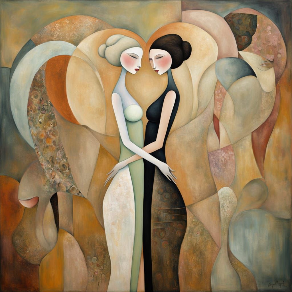 Surreal Embrace: Elongated Figures in Muted Dreamscape