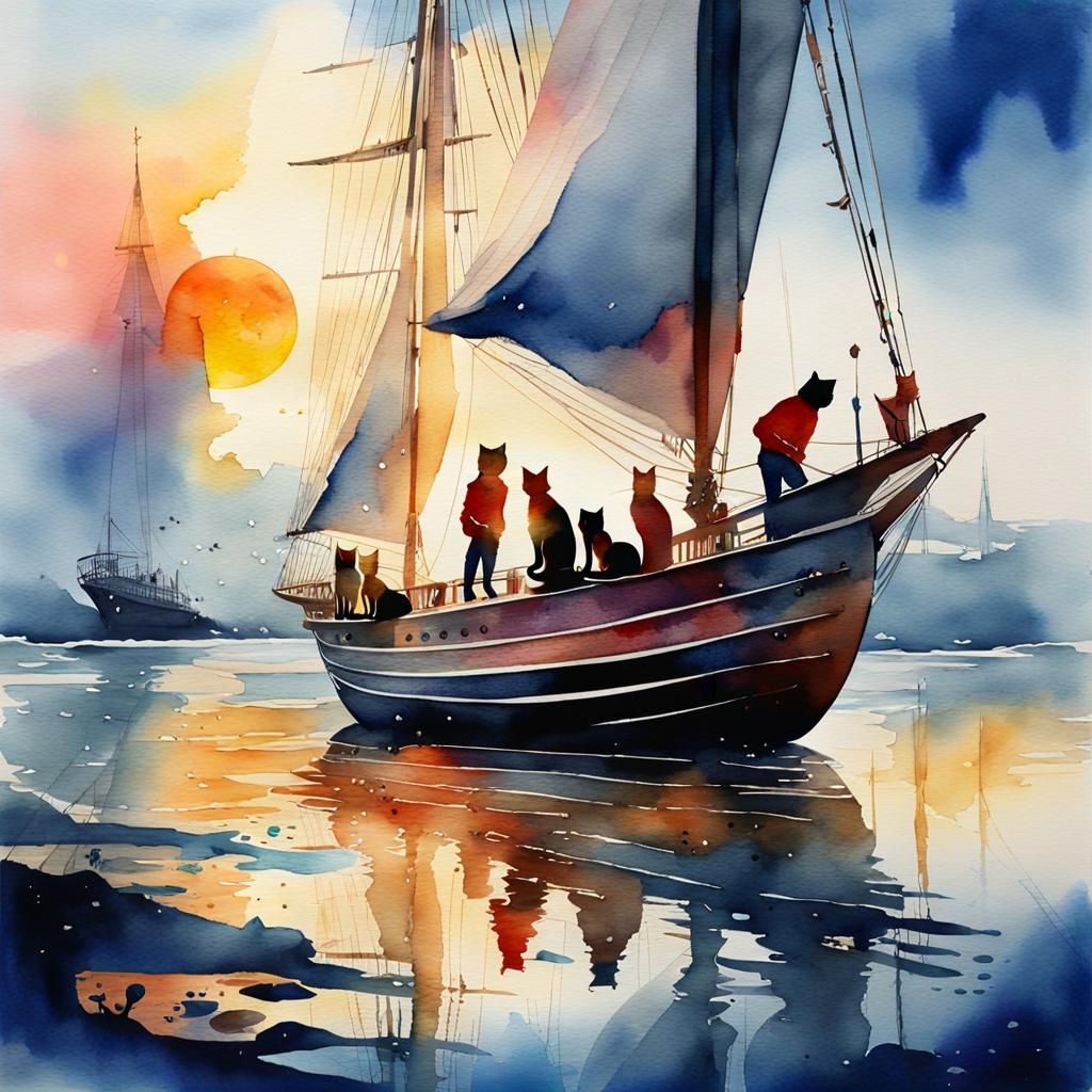 Fantasy Watercolor: Children and Cats on Sailing Boat