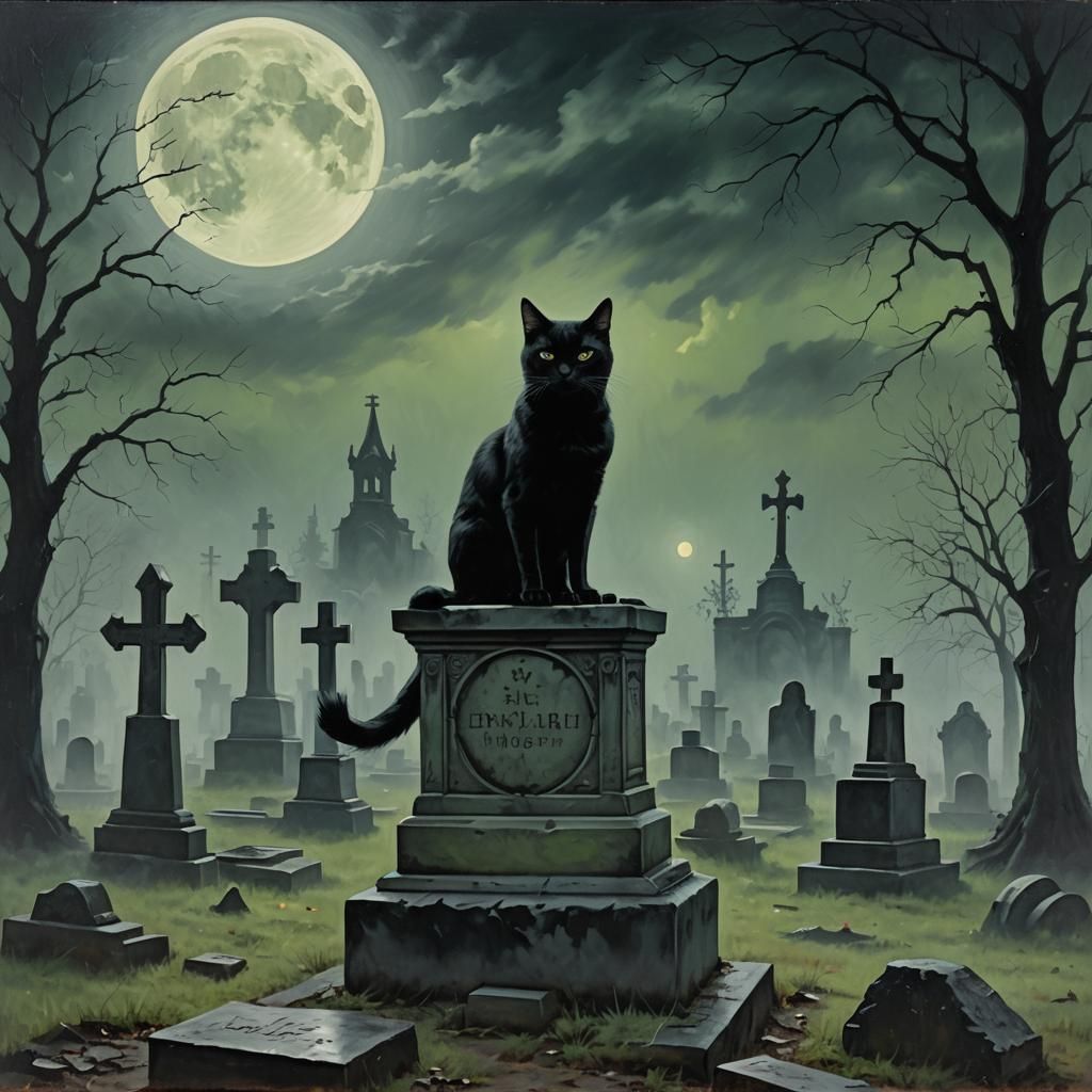 Gothic Cemetery with Black Cat Under Moonlight