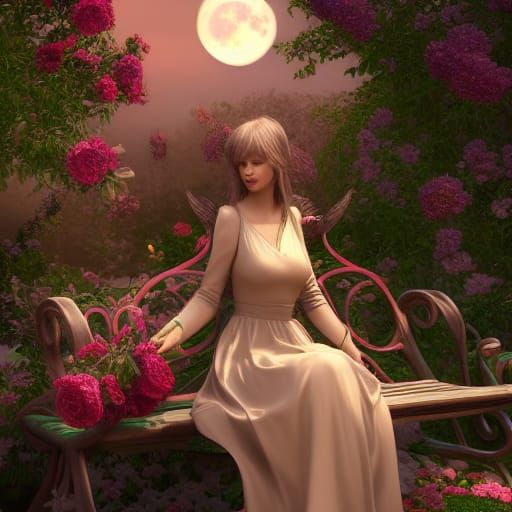Romantic Angel in Moonlit Garden: Detailed Matte Painting