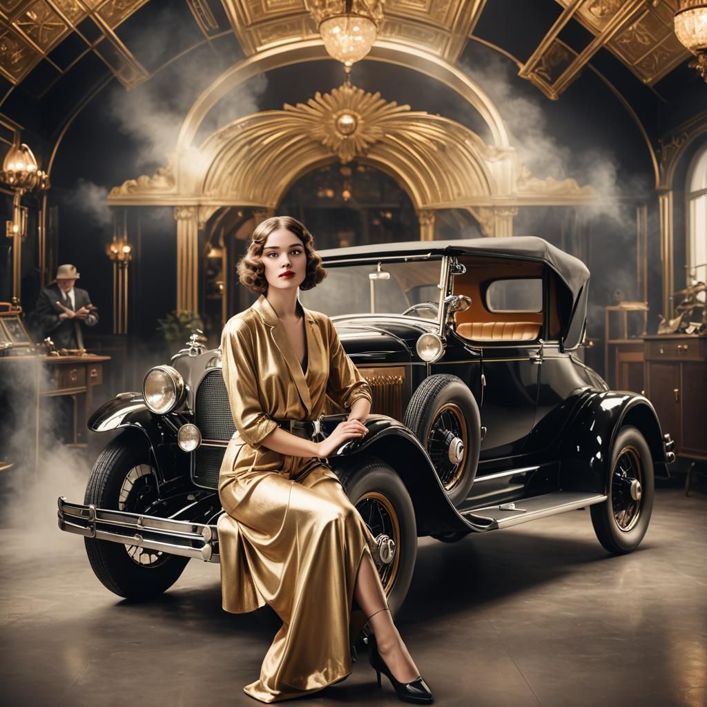 Vintage Car and Model in Art Deco Showroom