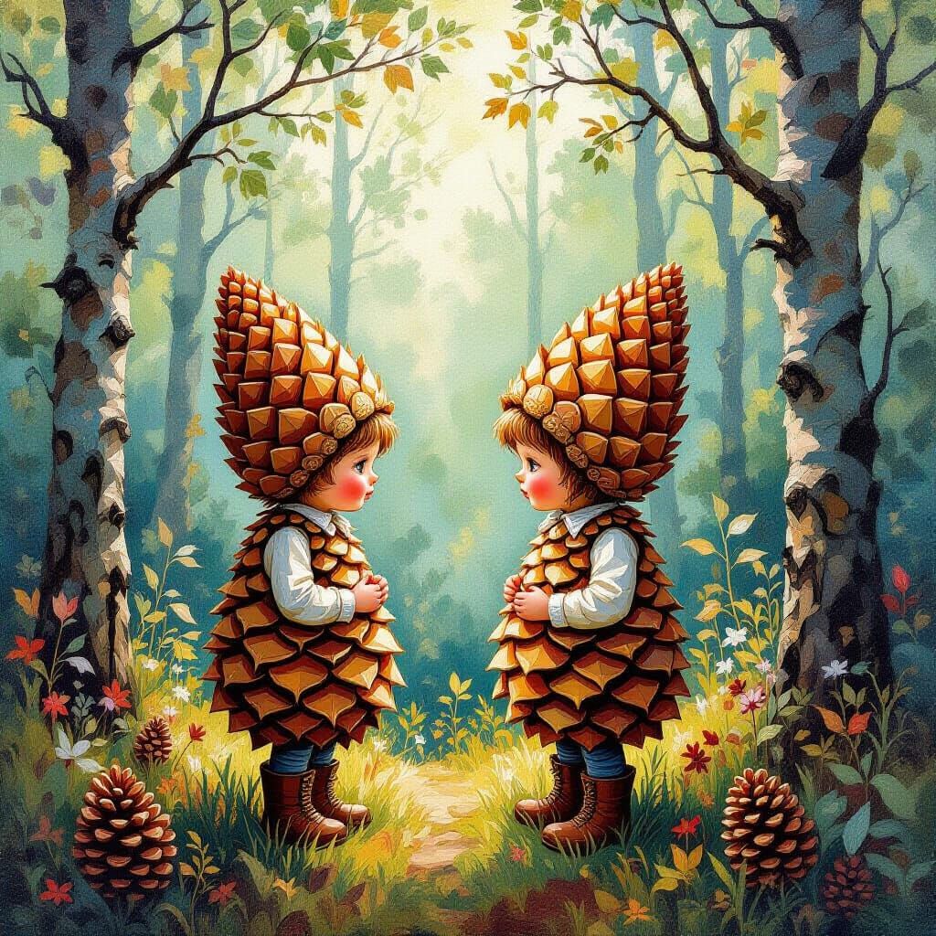 Pinecone Folk in Whimsical Forest, Gouache Style