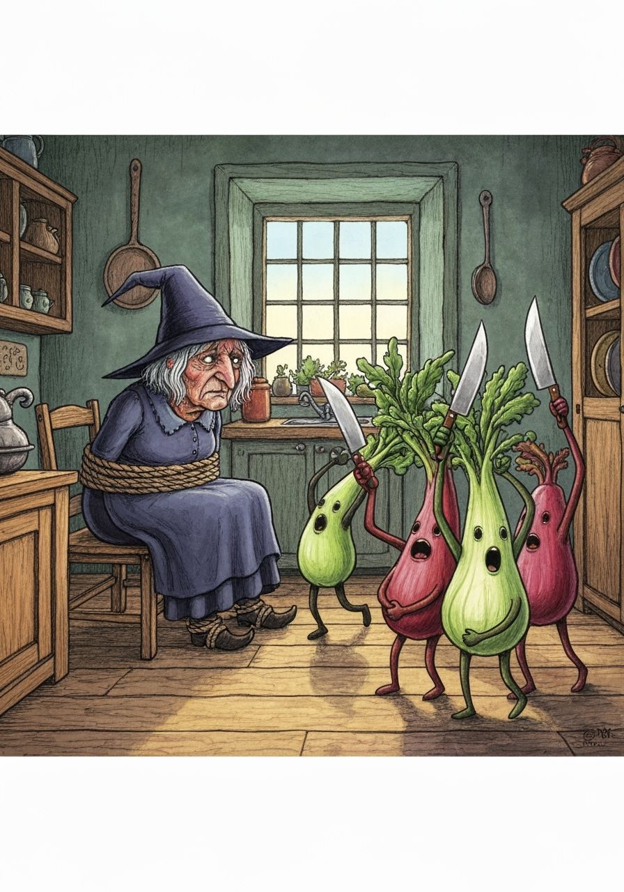Grumpy Witch Tied Up by Cheerful Vegetables in Cartoon Style
