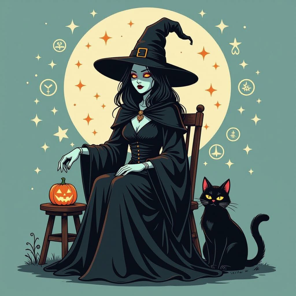 Robotic Witch with Cat in Eerie Style
