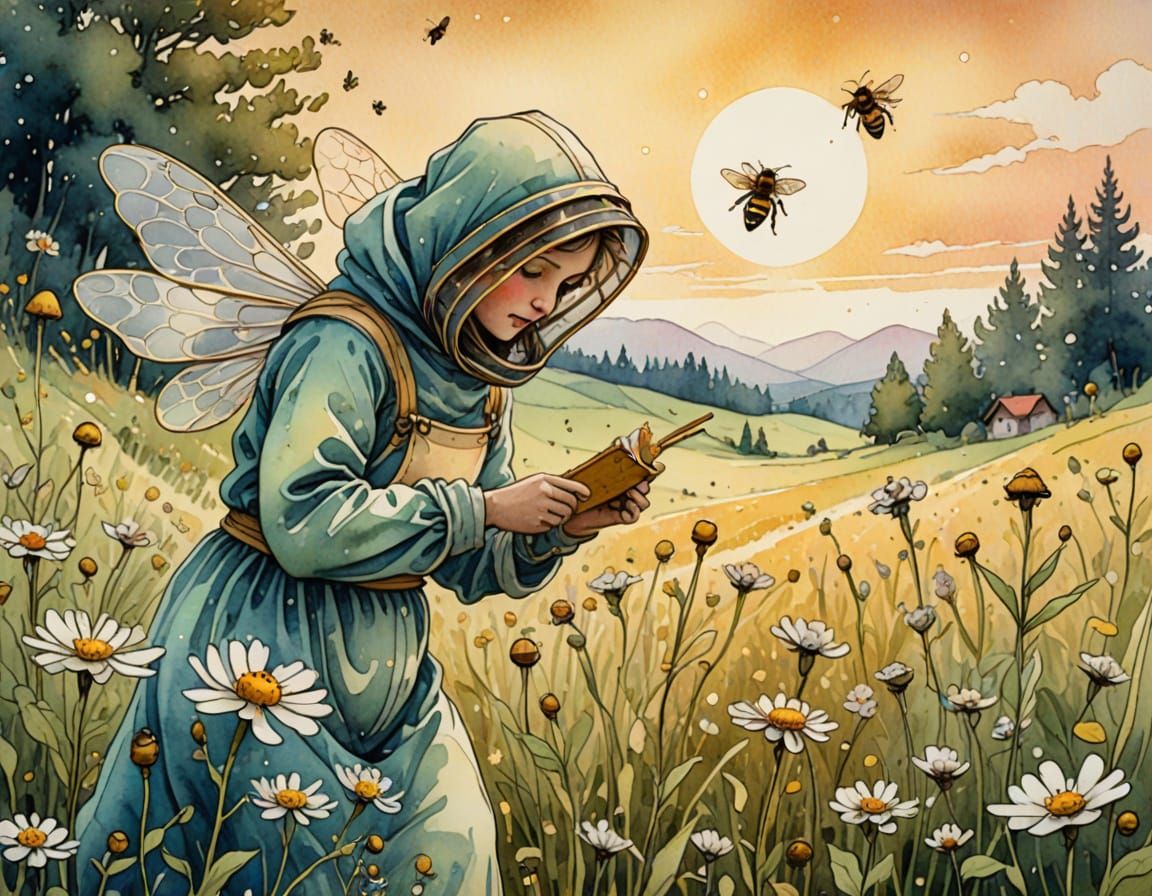 Beekeeper in a Whimsical Watercolor Meadow