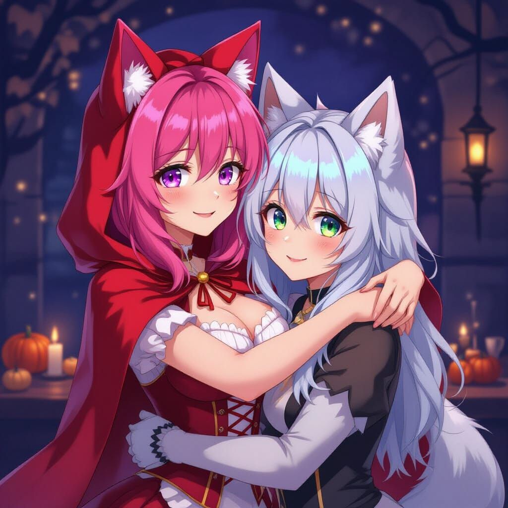 Little Red Riding Hood Hugs Wolf at Halloween Party