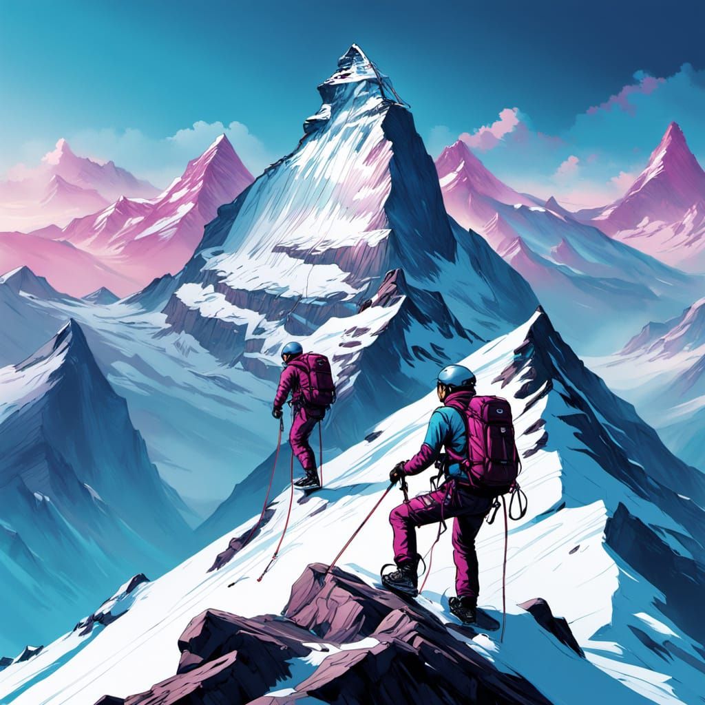 Futuristic Mountaineers Rappel Down Matterhorn in Sci-Fi Art