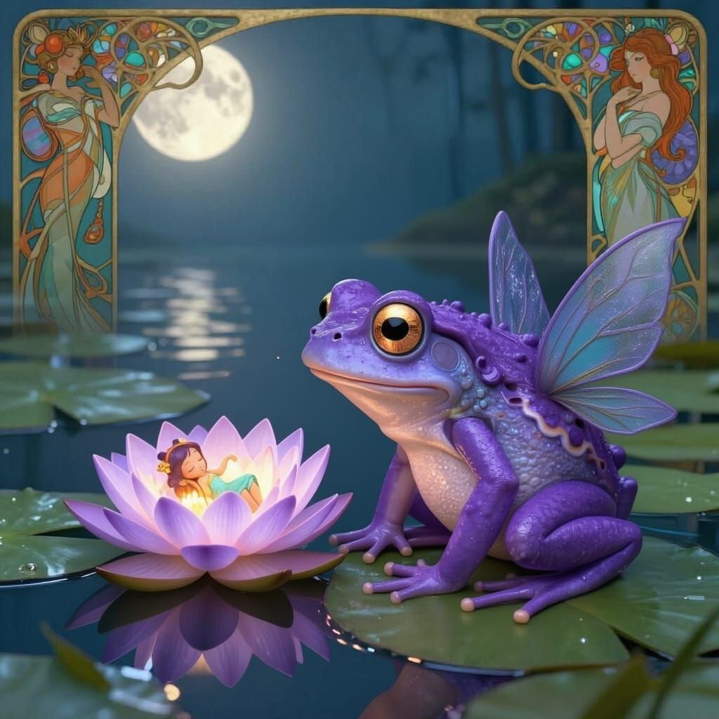Purple Frog Watches Sleeping Fairy by Moonlight