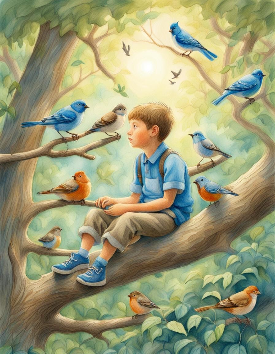 Boy and Birds in Forest: Colored Pencil Drawing