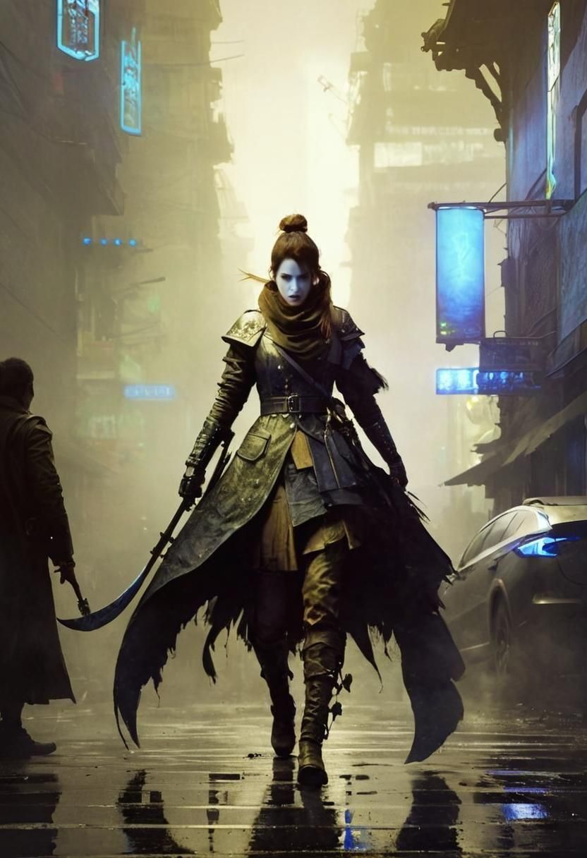 Angry Woman with Sword in Dusty Street