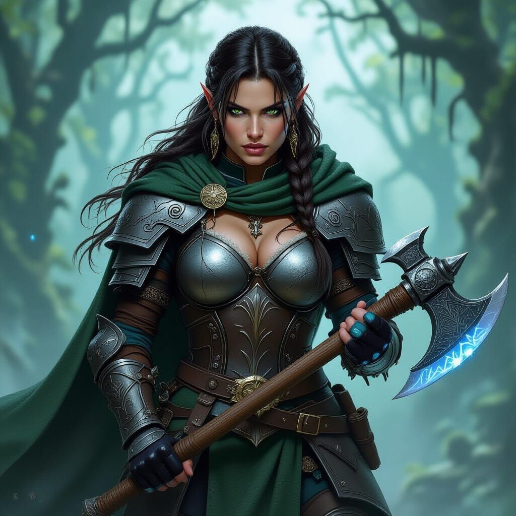 Tough Female Dwarf Eldritch Knight in Misty Forest