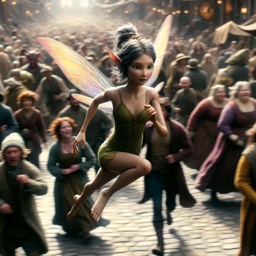 Winged Pixie Hurries Through Crowded Fantasy Market