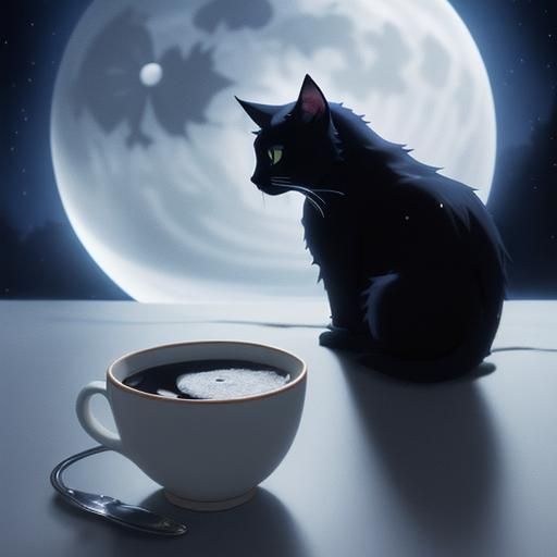 Magical Black Cat Enjoying Milk: Anime Style