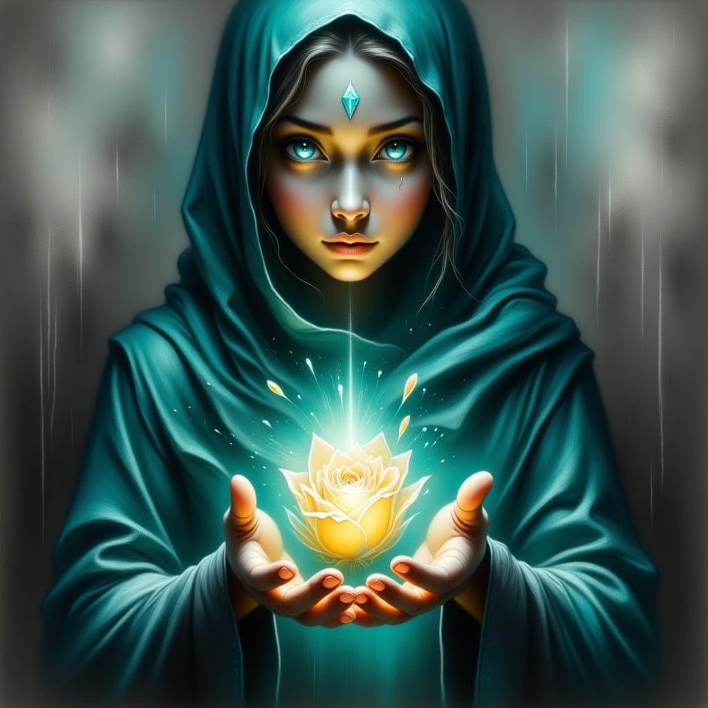 Woman with Bioluminescent Rose in Teal Hijab