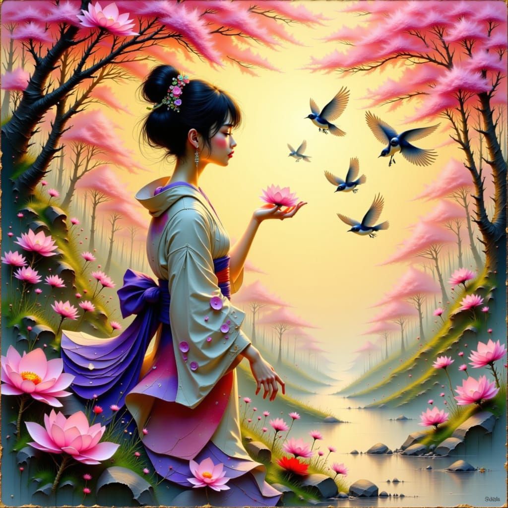 Woman in Kimono with Cherry Blossoms in Inksplash Style