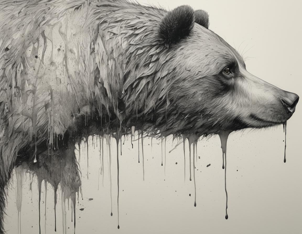 Melting Bear and Chibi Pirate in Black Ink Style