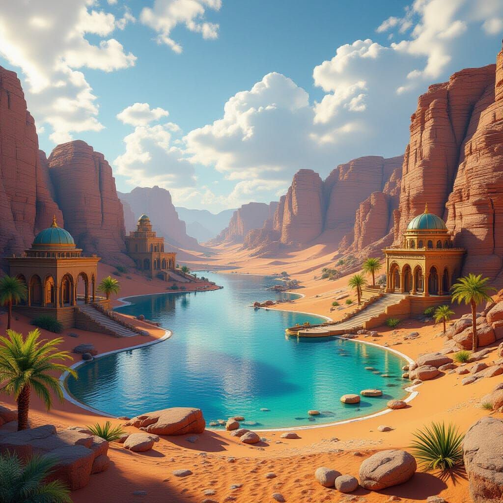 Serene Desert Oasis in Fantasy Concept Art Style