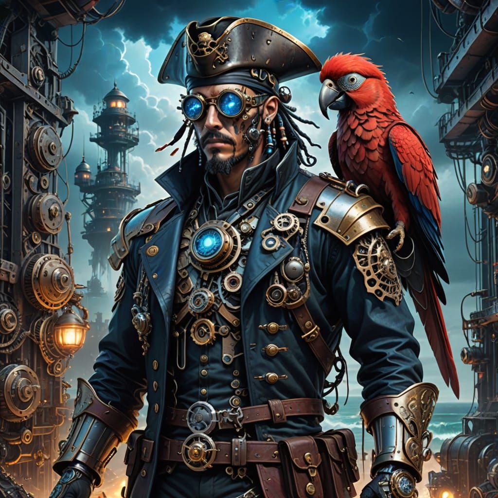Cybernetic Pirate with Robotic Parrot in Steampunk Cyberpunk...