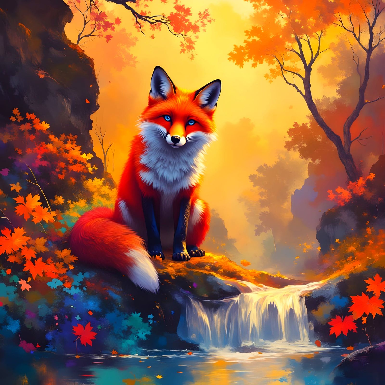 Red Fox in Autumn Forest Waterfall