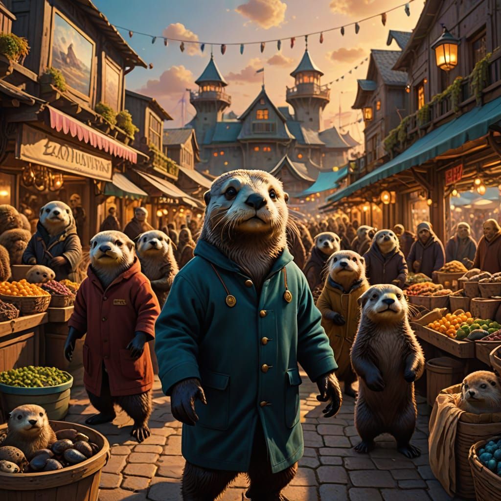 Bustling Alien Market with Sea Otters and Fuzzies