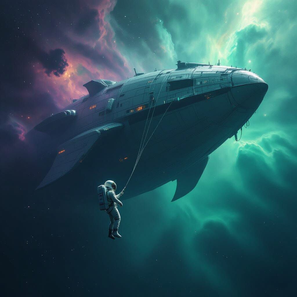 Astronaut Adrift Near Celestial Beast Spaceship in Cosmic Vo...