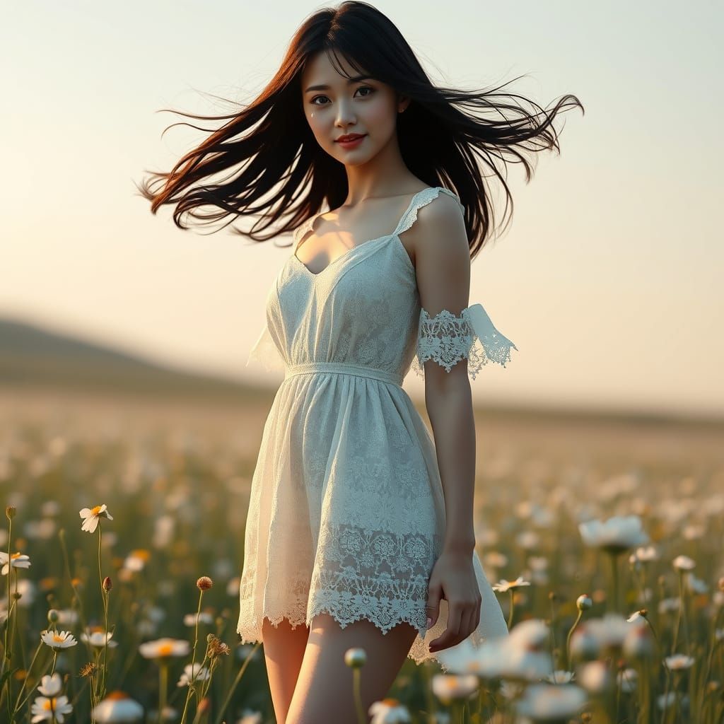 Japanese Woman in Wildflower Field at Dawn