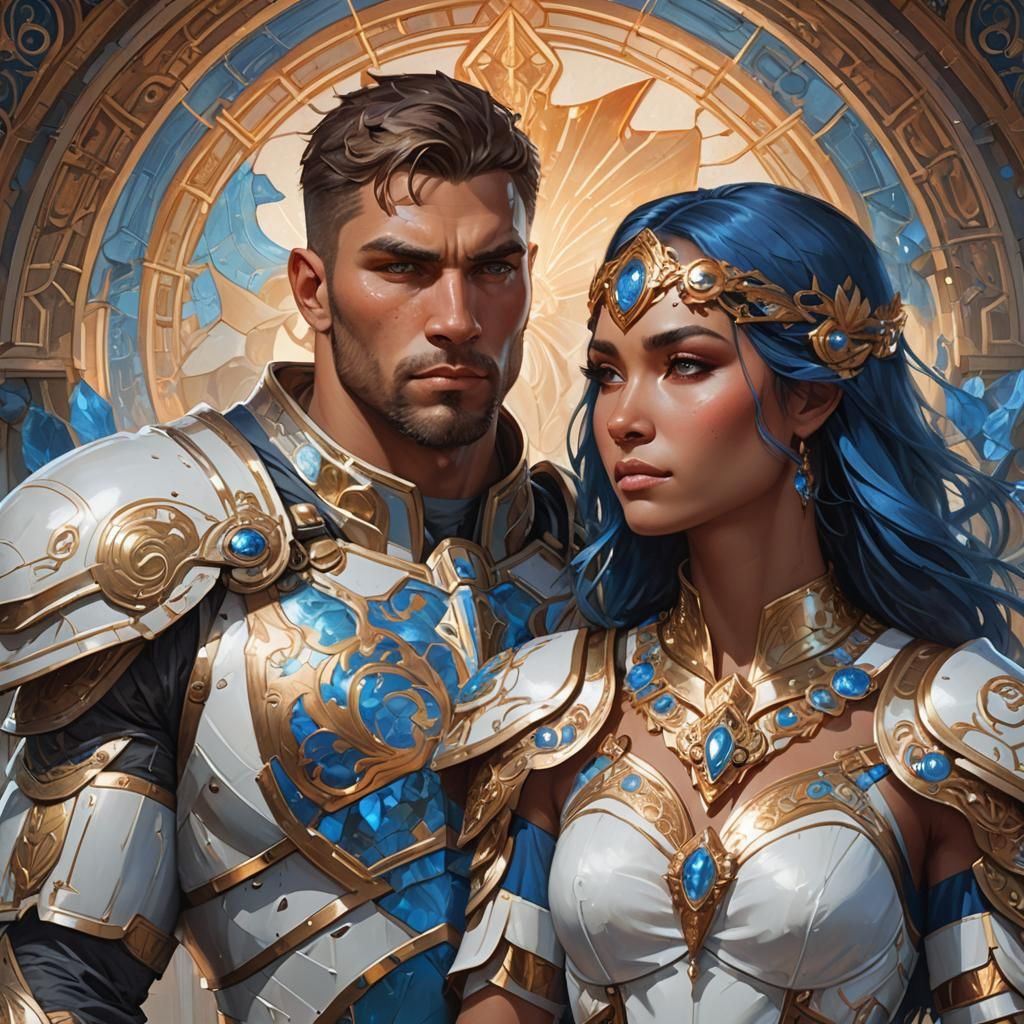 Armored Paladin and Priestess Portrait in Art Nouveau Style