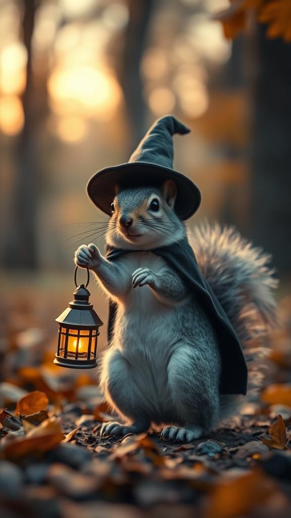 Squirrel Witch in Mystical Autumn Forest