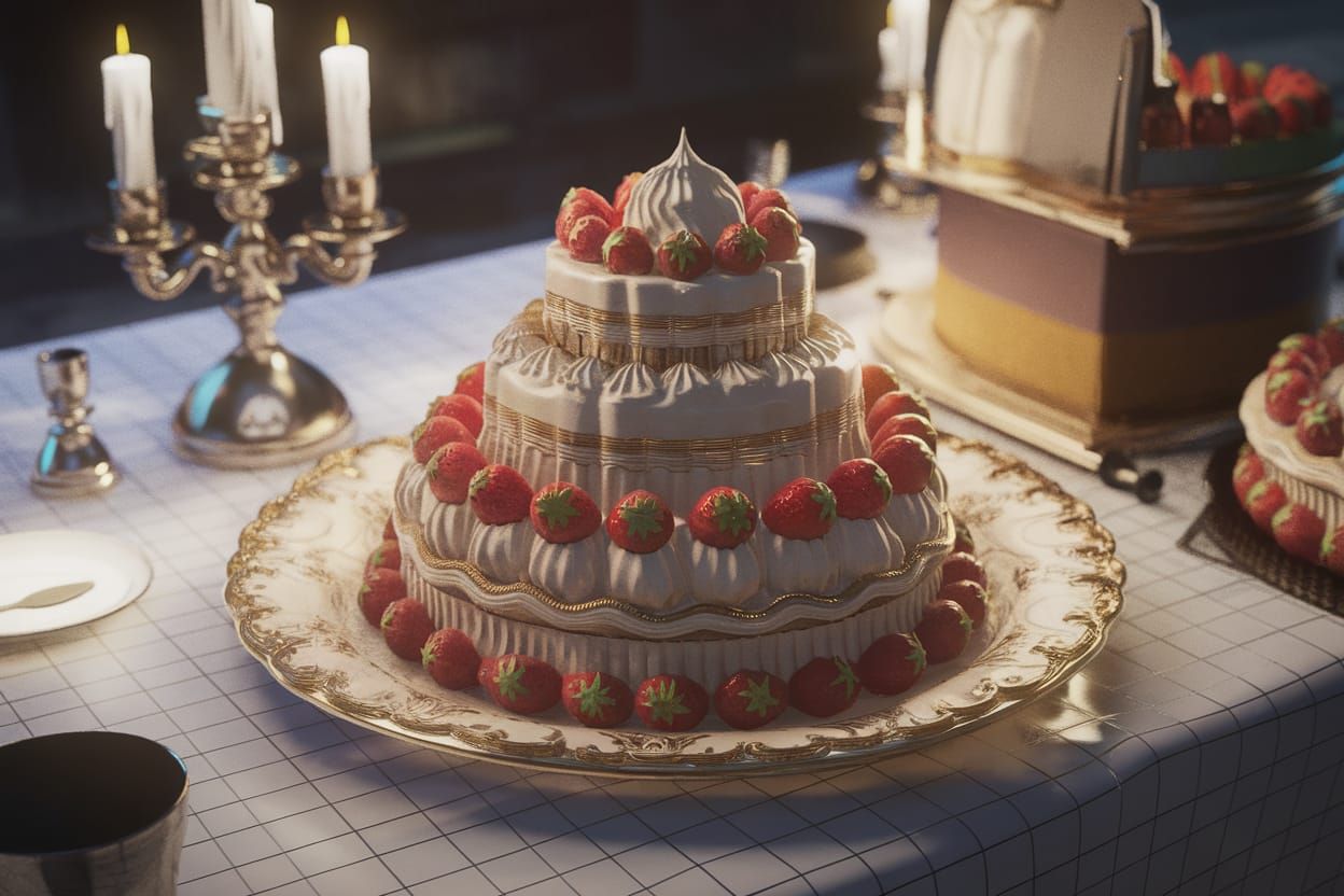 Cake Competition in 3D with Strawberries and Meringue