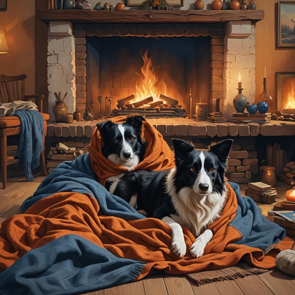 Cozy Border Collie and Siamese Cat by Firelight