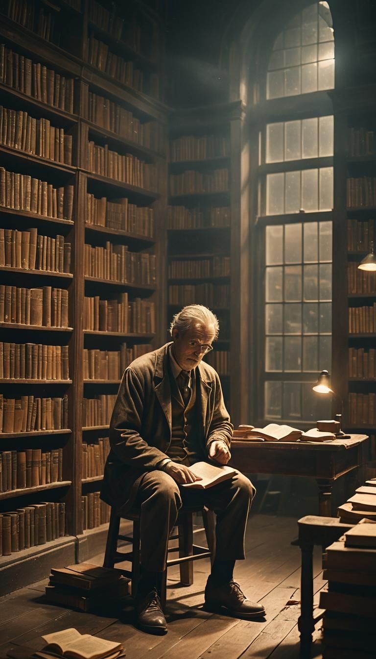 Wise Man on Book Stool in Old Library