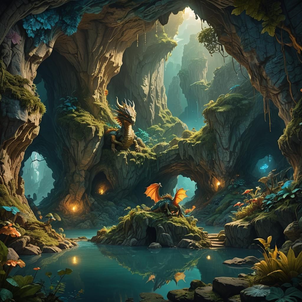 Dragon in Cave with Underground Forest, Fantasy Art