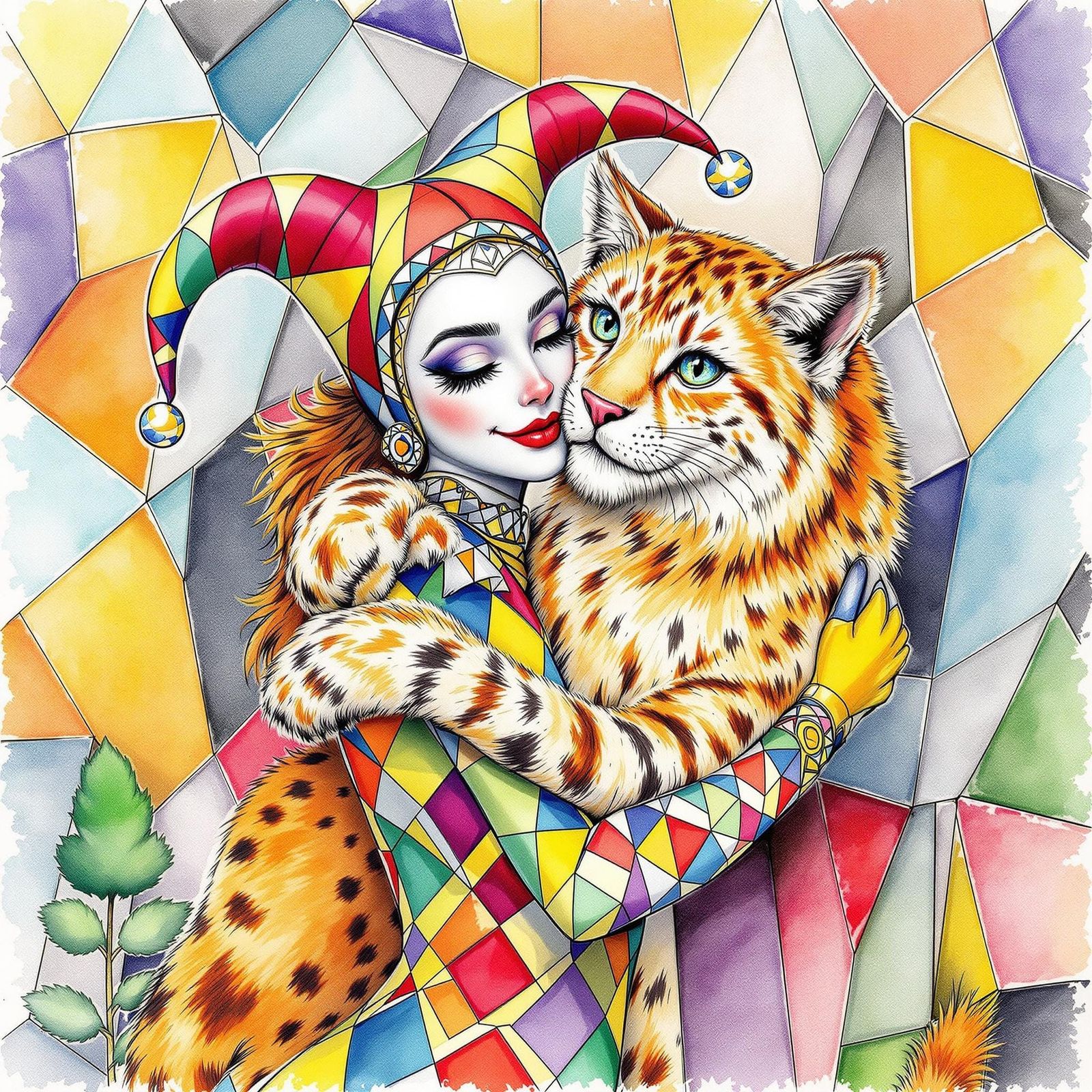 Harlequin Hugs Cat: Whimsical Watercolor Art