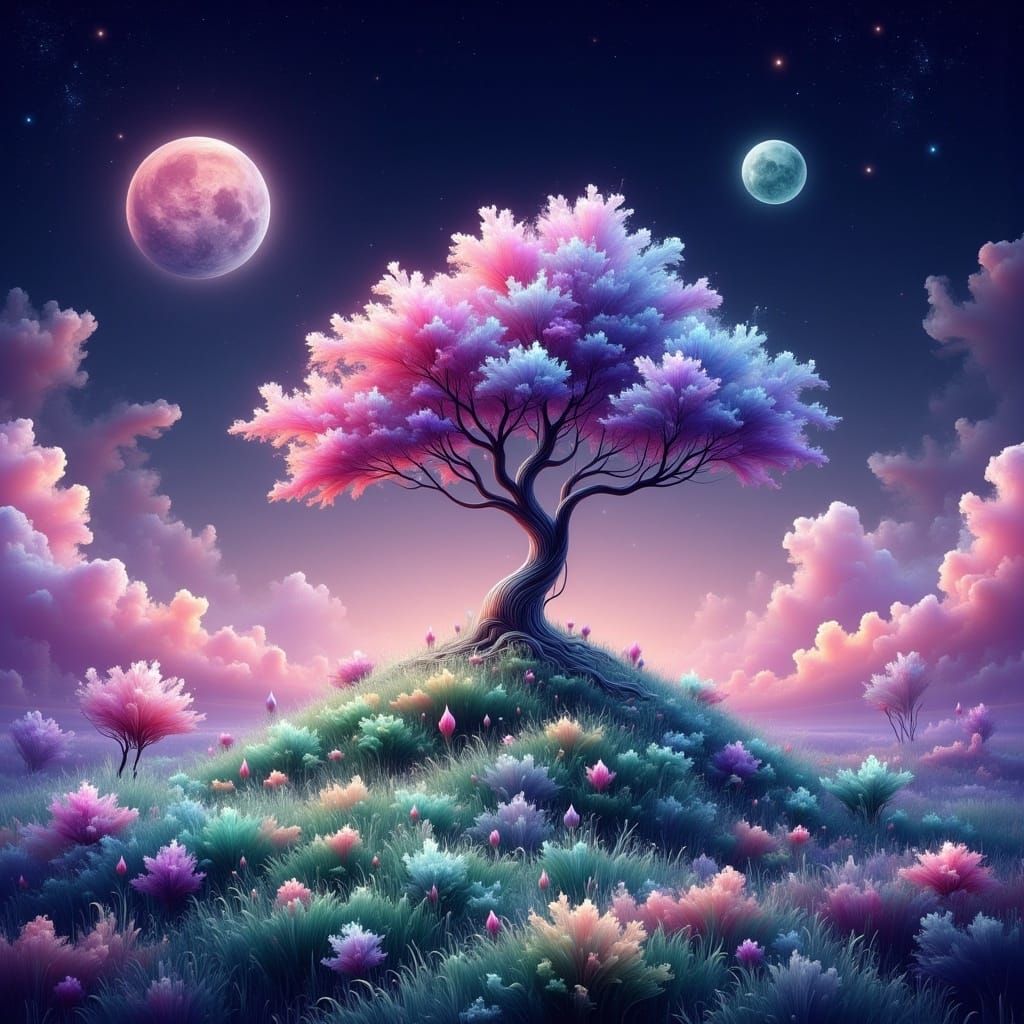 Ethereal Planet with Glowing Tree and Vibrant Forest