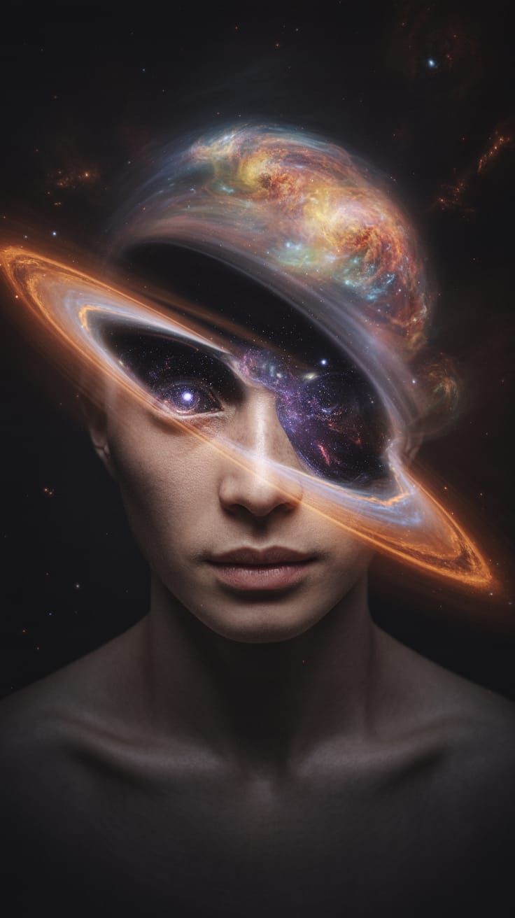 Surreal Human Face Merges With Cosmic Nebula