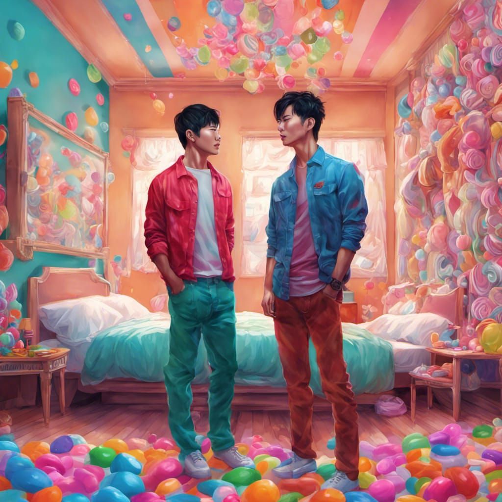 Two Asian Men in Bedroom, Candy Art Style