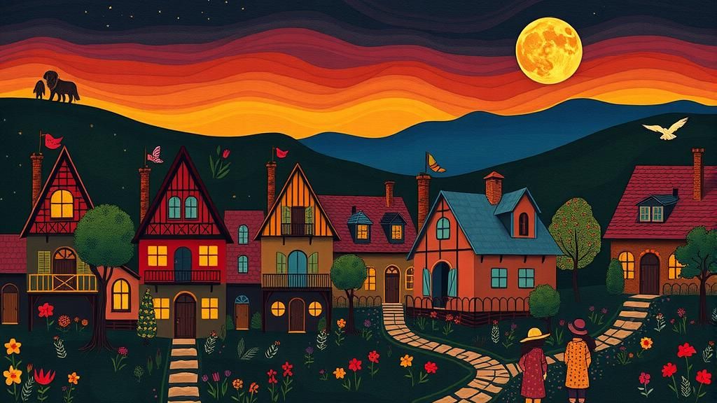 Mystical Village Scene in Naive Folk Art Style