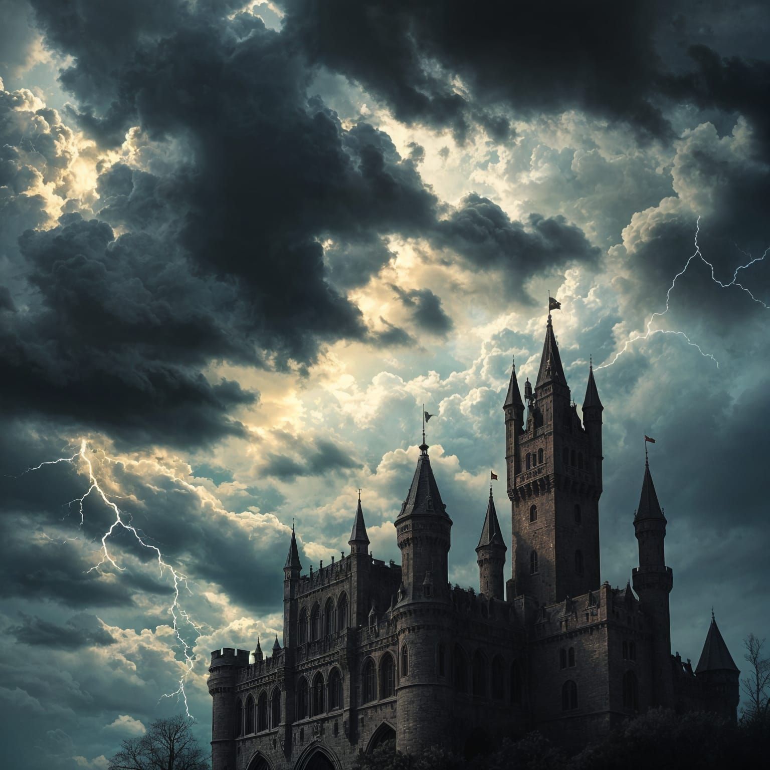 Stormy Sky Over Castle: Gothic Photorealistic Art